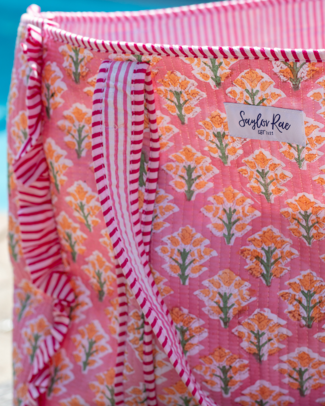 Ruffle Quilted Saylor Rae Tote - Orange & Pink Blooms