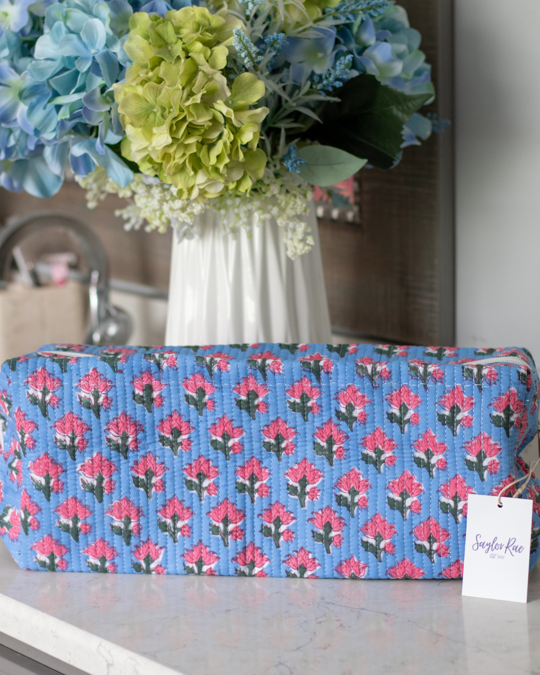 Quilted Saylor Rae Hair Tools Bag - Blue Pink Blockprint