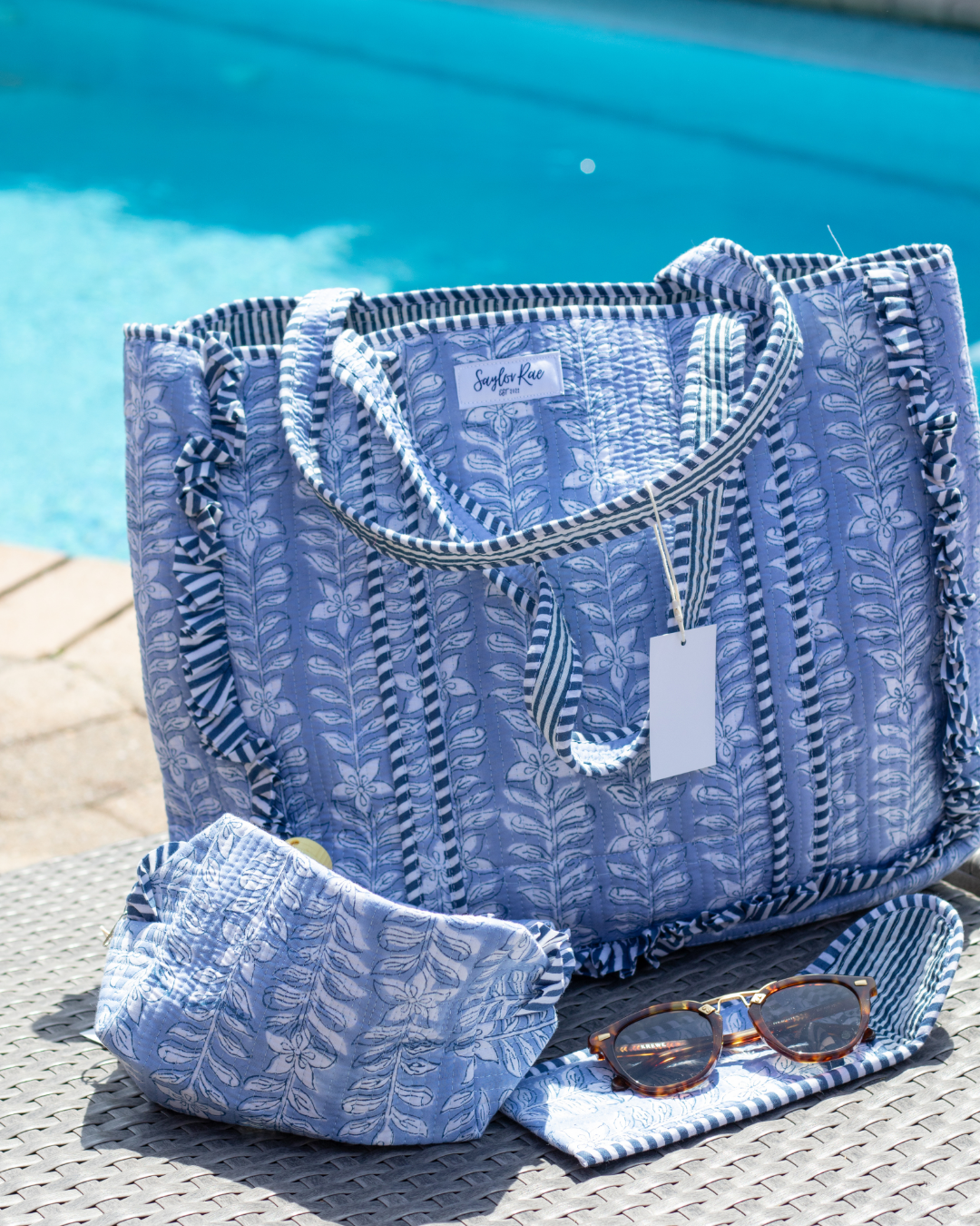Ruffle Quilted Saylor Rae Tote - Dusty Blue