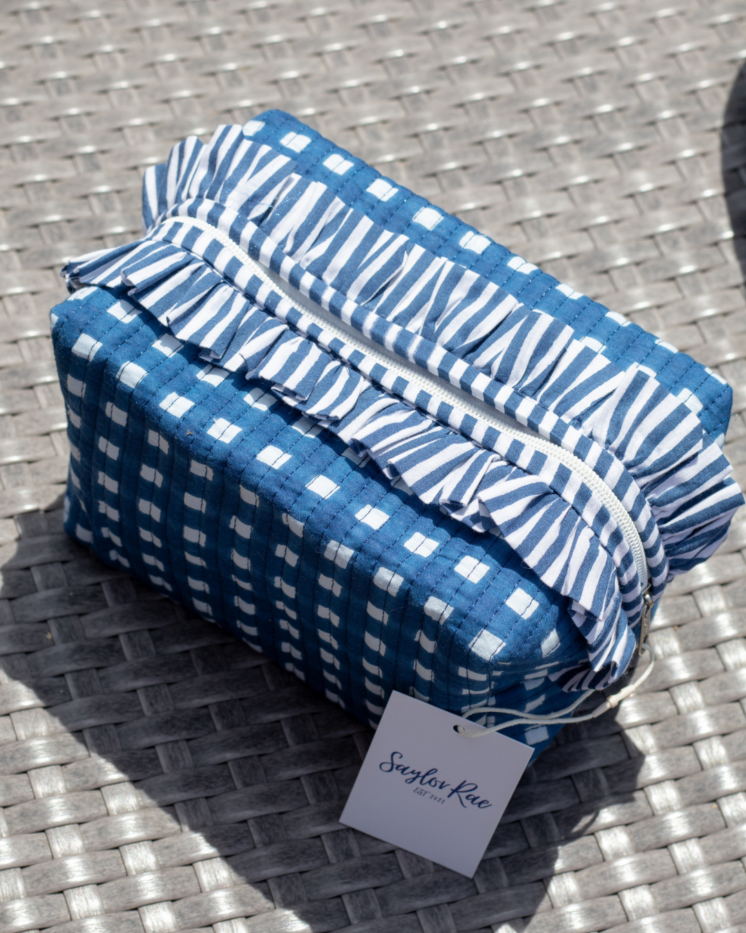 Ruffle Quilted Saylor Rae Makeup Bag - Blue Gingham
