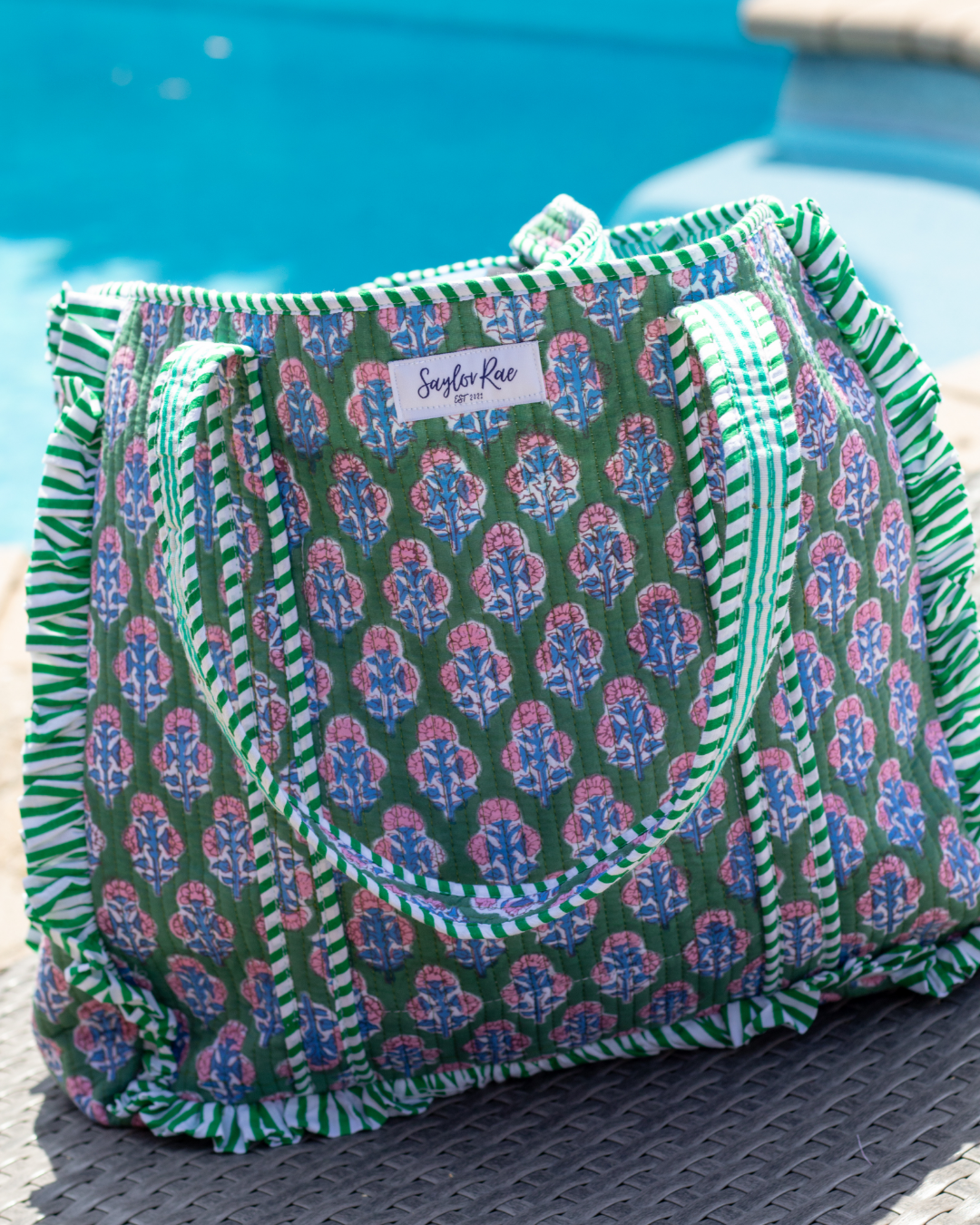 Ruffle Quilted Saylor Rae Tote - Green Pink Blue Blockprint