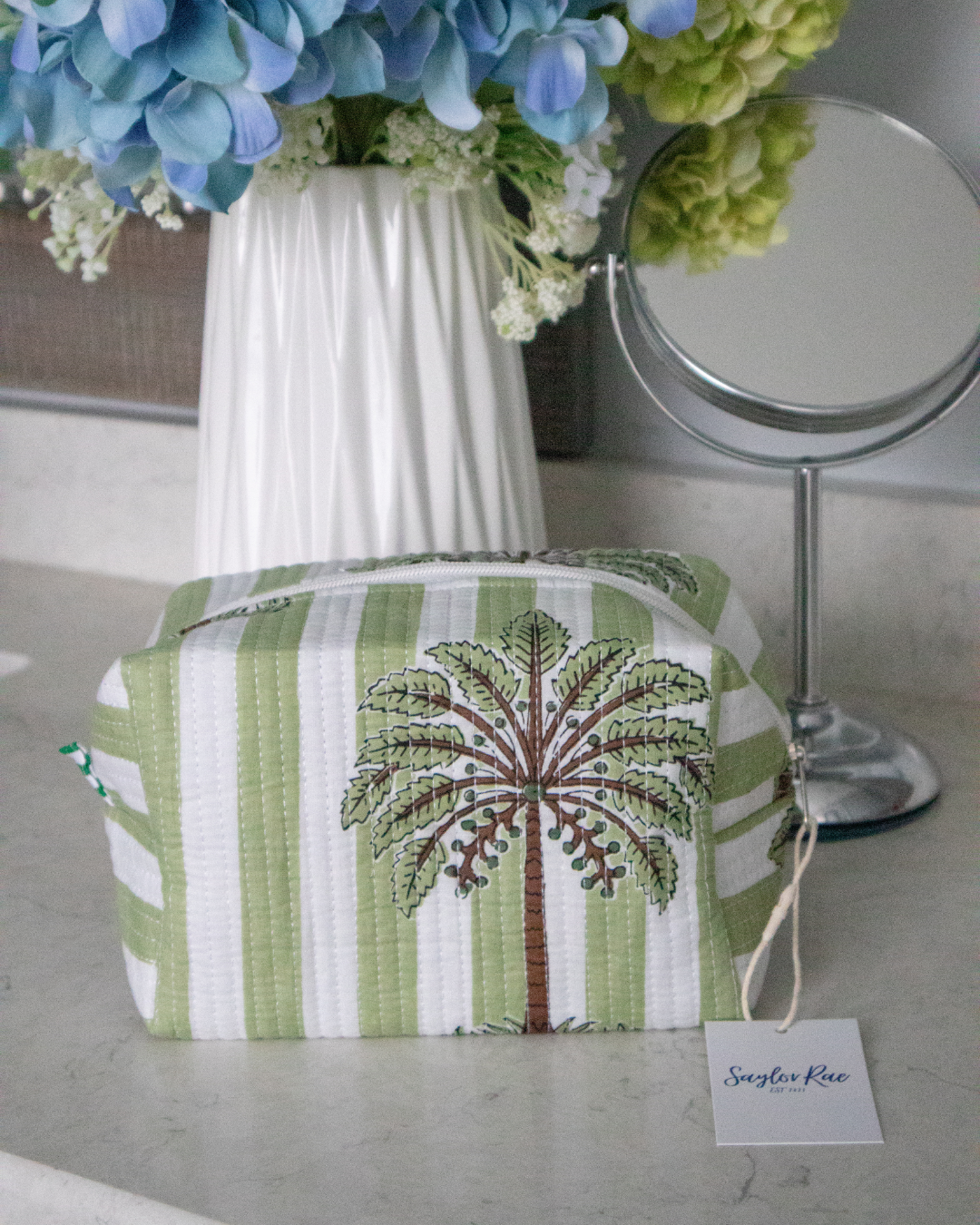 Quilted Saylor Rae Makeup Bag - Green Palms