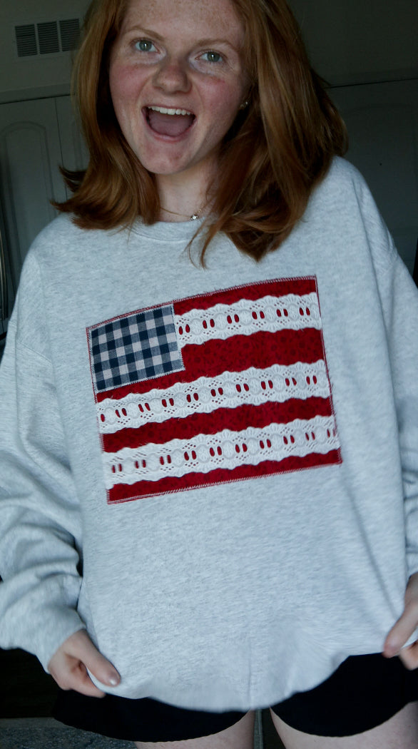 American Flag Hand Sewn Gray Crewneck