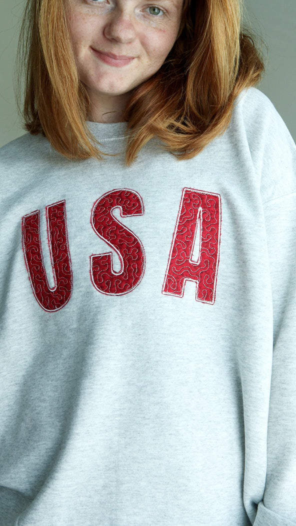 USA Quilted Patchwork Red Fabric Crewneck