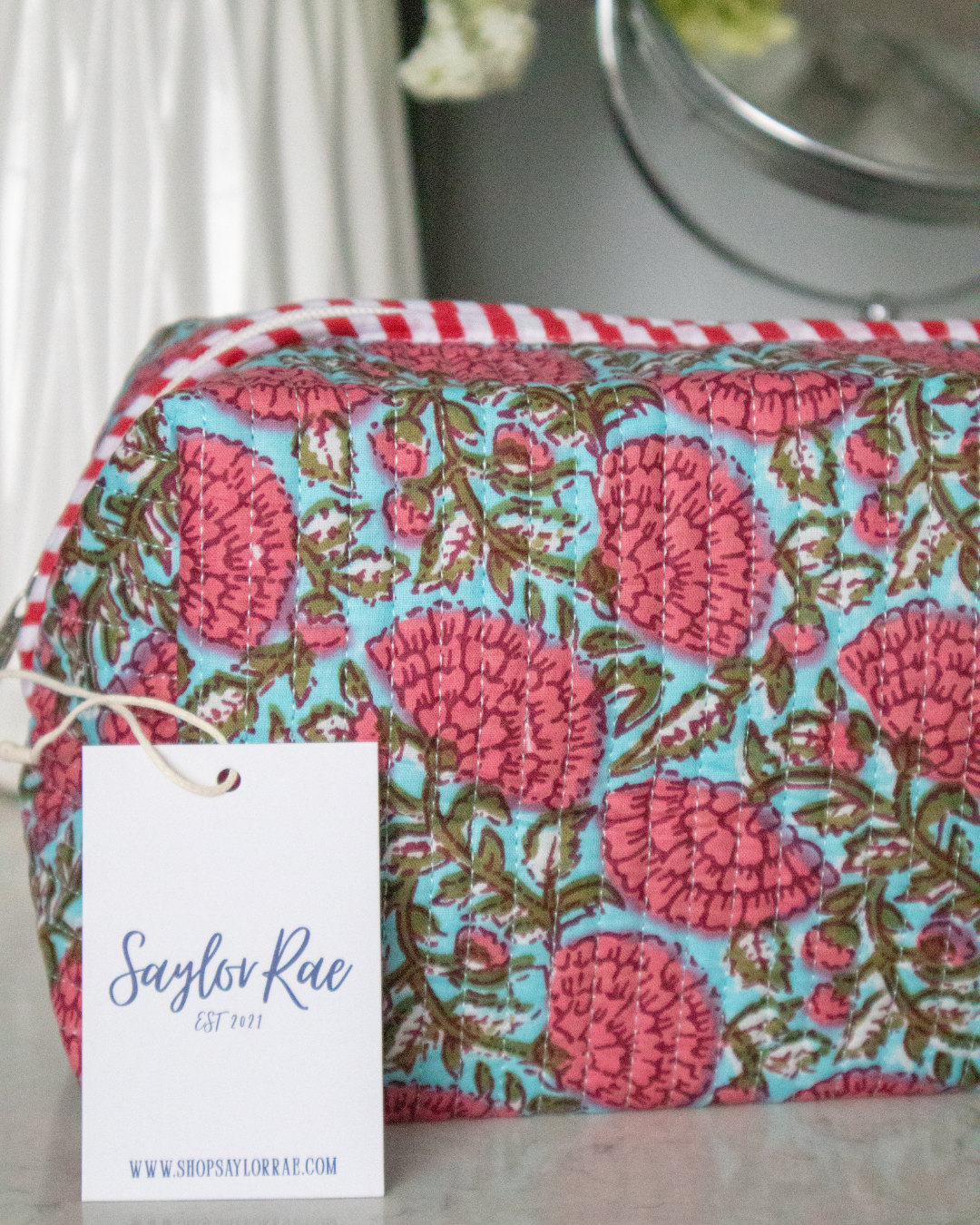 Quilted Saylor Rae Makeup Bag - Blue & Pink Floral Fields