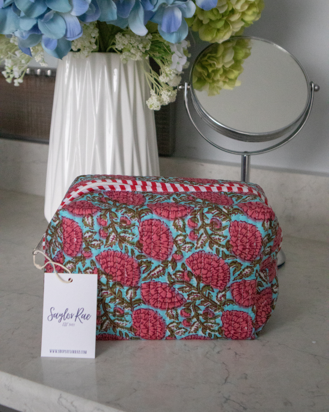 Quilted Saylor Rae Makeup Bag - Blue & Pink Floral Fields