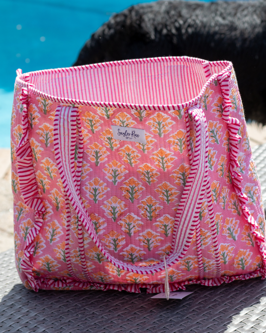 Ruffle Quilted Saylor Rae Tote - Orange & Pink Blooms