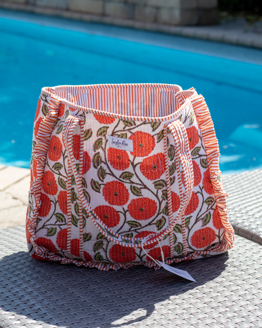 Ruffle Quilted Saylor Rae Tote - Orange Blooms