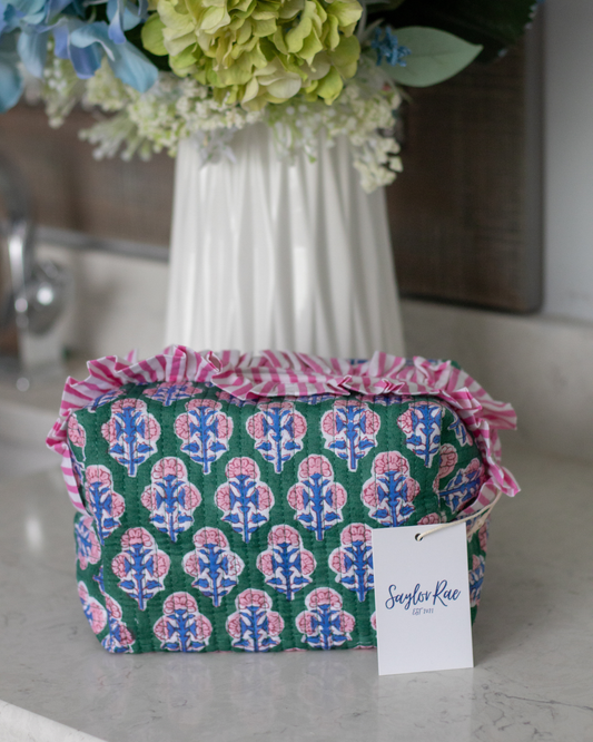 Ruffle Quilted Saylor Rae Makeup Bag - Pink Green Blue