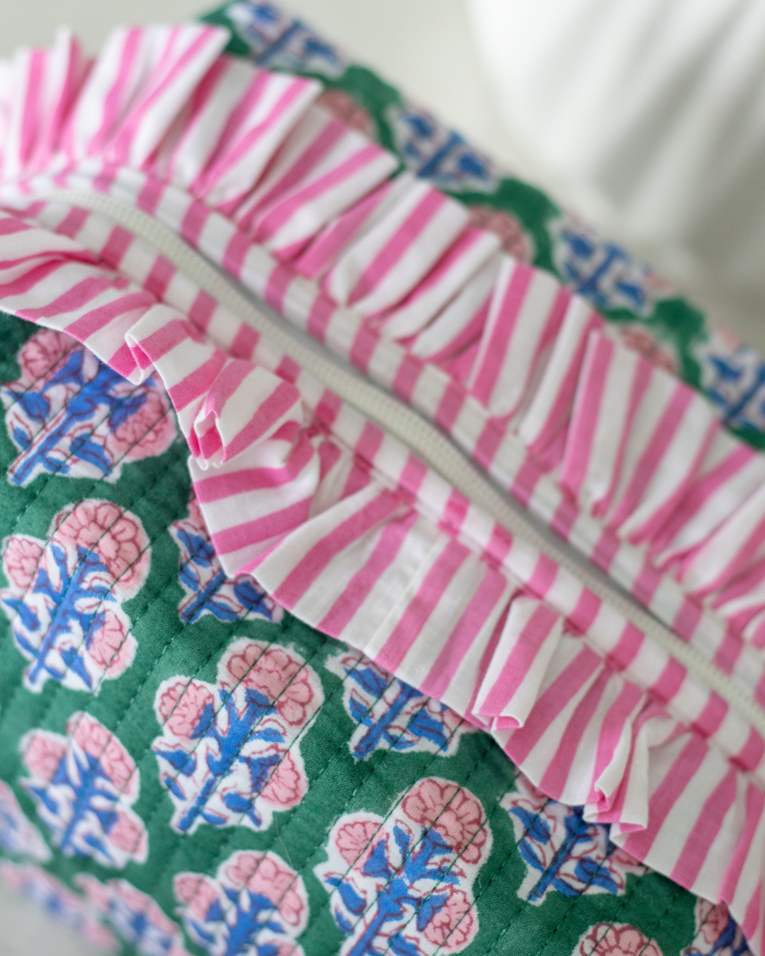 Ruffle Quilted Saylor Rae Makeup Bag - Pink Green Blue
