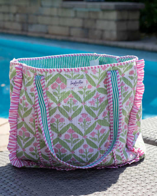 Ruffle Quilted Saylor Rae Tote - Pink Green Blockprint
