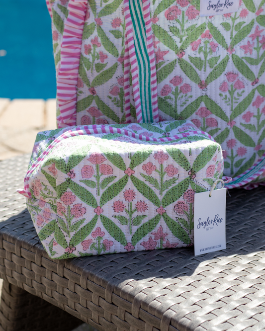 Quilted Saylor Rae Makeup Bag - Pink & Green Blockprint
