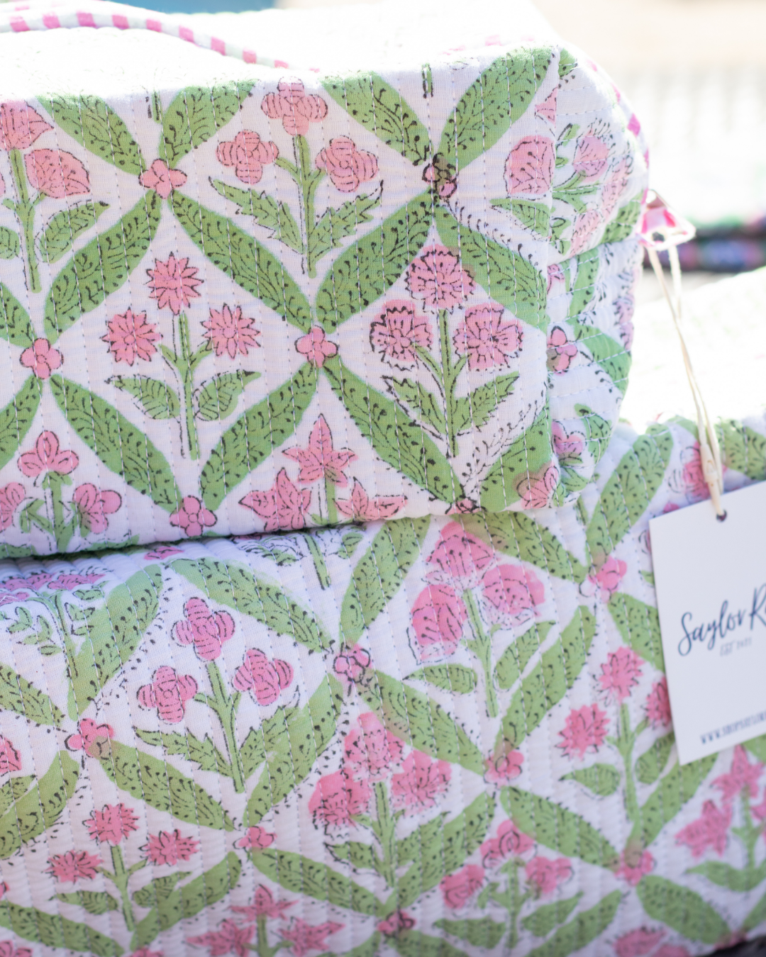 Quilted Saylor Rae Makeup Bag - Pink & Green Blockprint