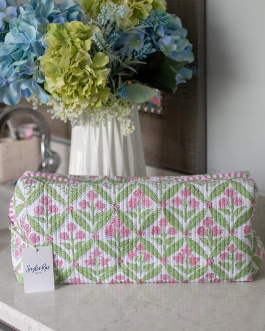 Quilted Saylor Rae Hair Tools Bag - Pink & Green Blockprint