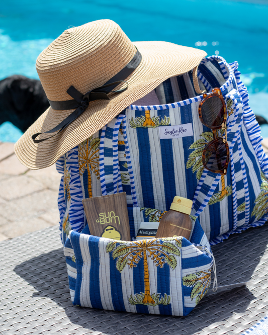 Ruffle Quilted Saylor Rae Tote - Blue Palms