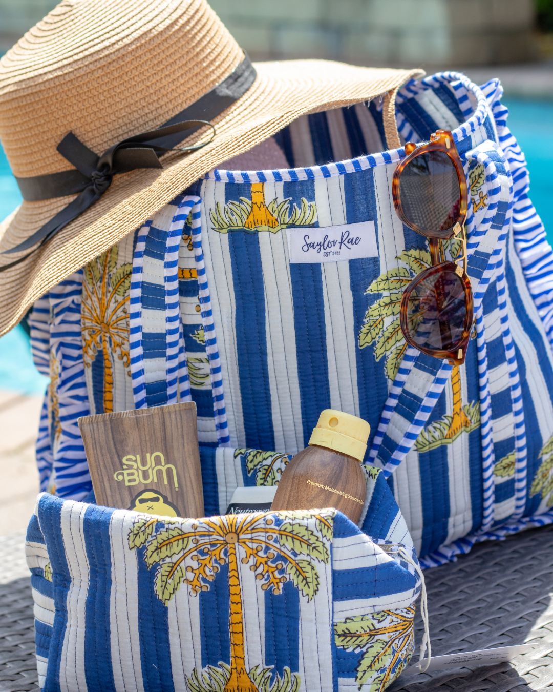 Ruffle Quilted Saylor Rae Tote - Blue Palms