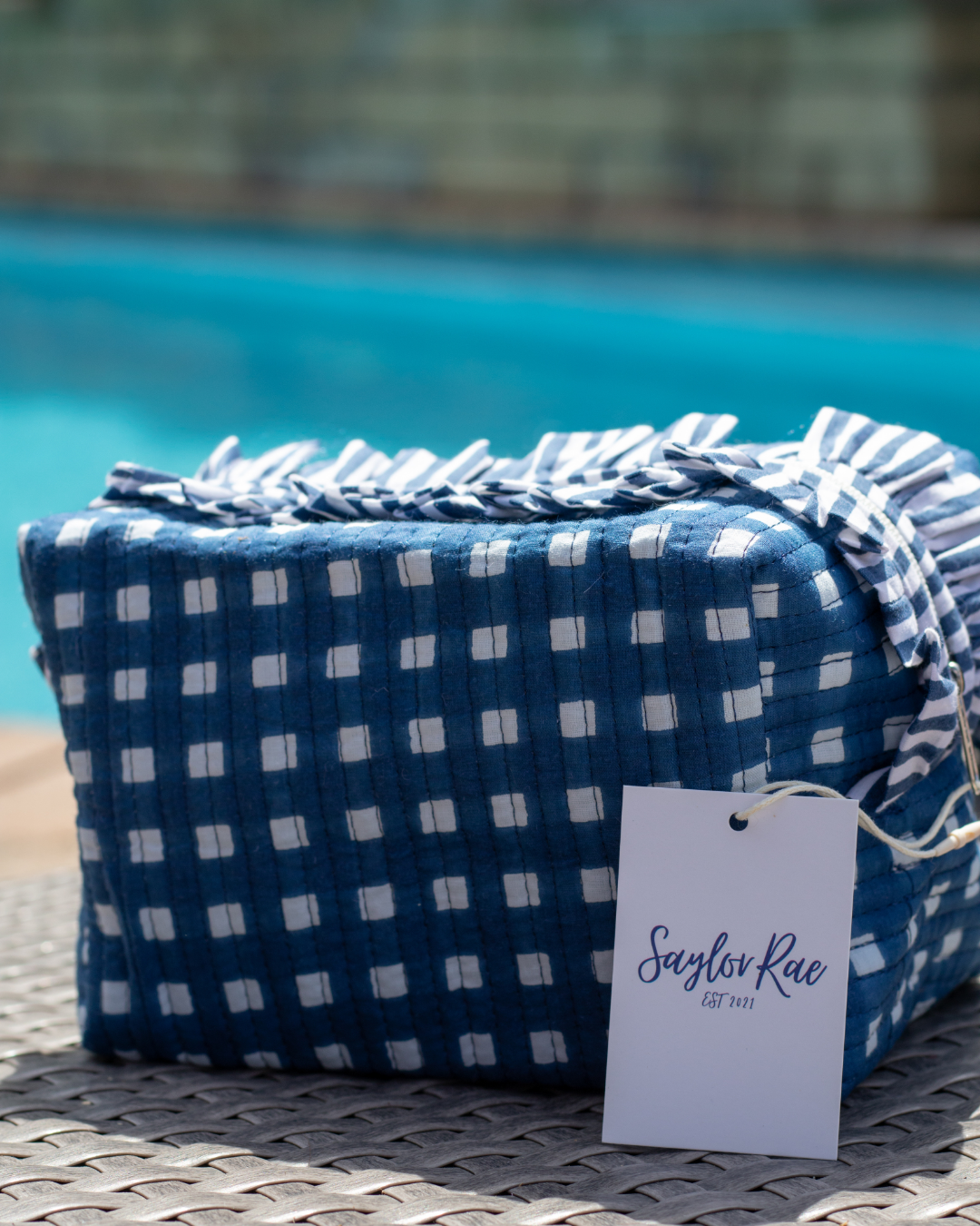 Ruffle Quilted Saylor Rae Makeup Bag - Blue Gingham