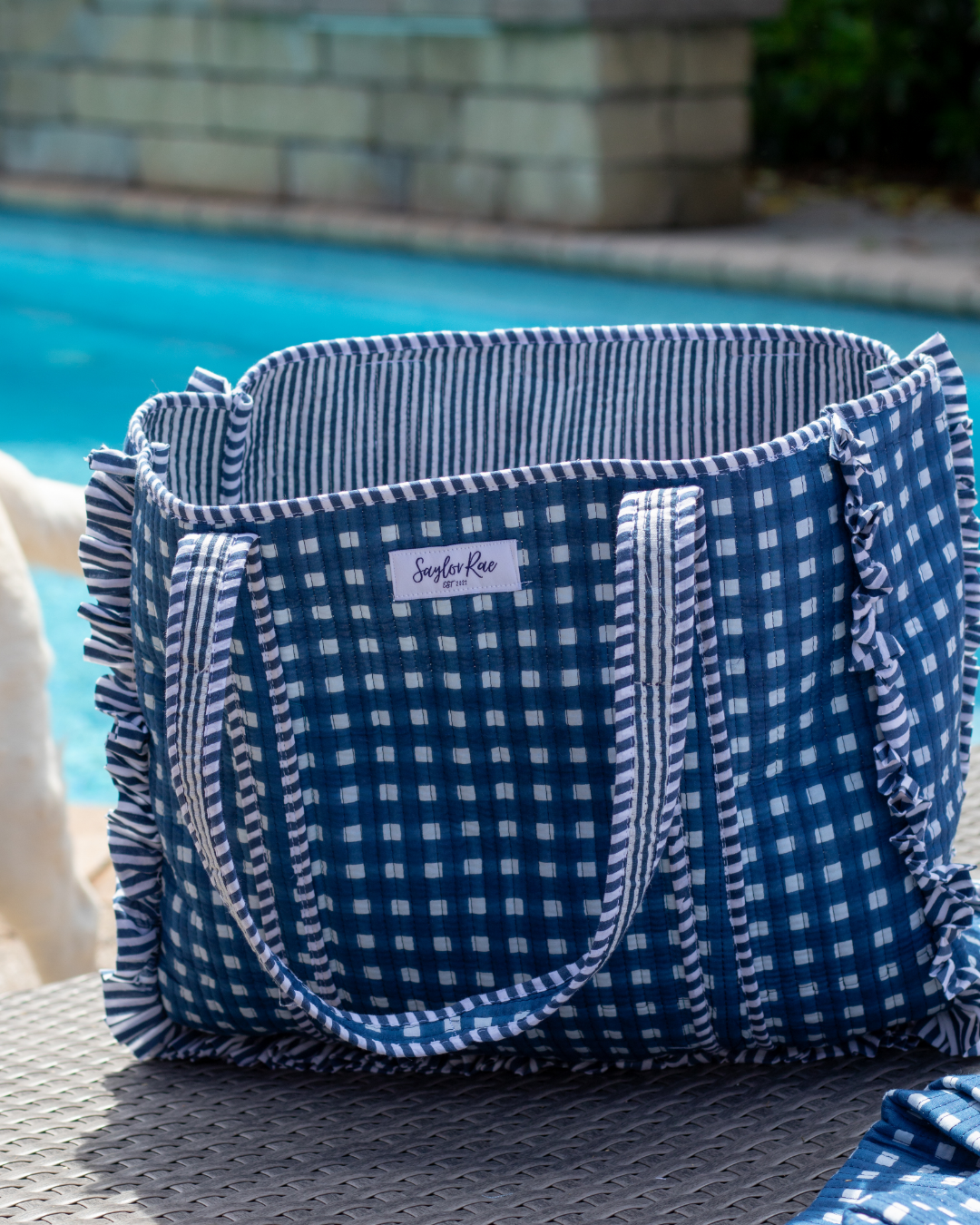 Ruffle Quilted Saylor Rae Tote - Blue Gingham