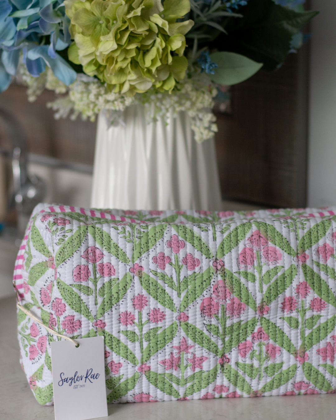 Quilted Saylor Rae Hair Tools Bag - Pink & Green Blockprint