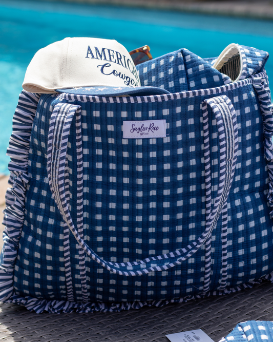 Ruffle Quilted Saylor Rae Tote - Blue Gingham