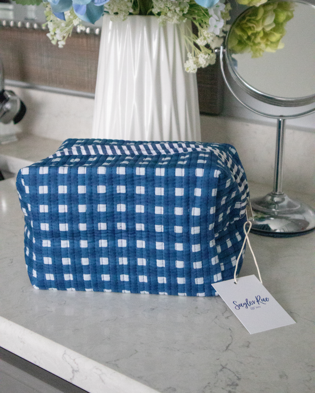 Quilted Saylor Rae Makeup Bag - Blue Gingham