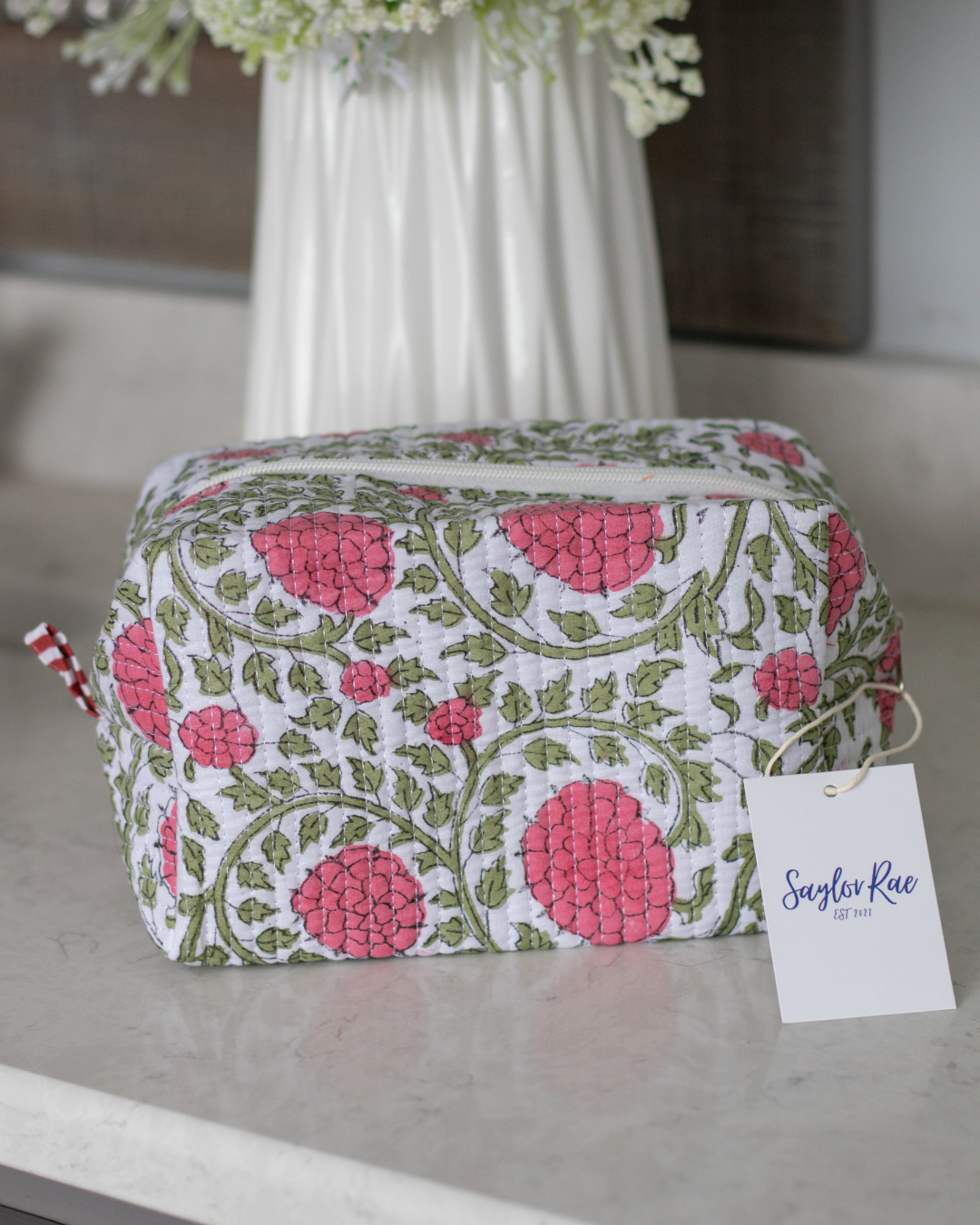 Quilted Saylor Rae Makeup Bag - Pink & Green Florals