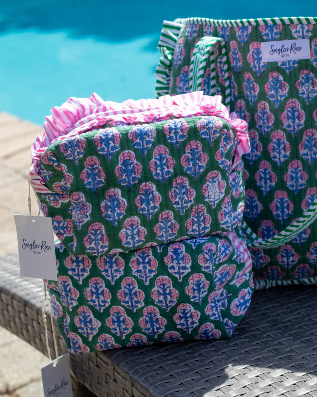 Ruffle Quilted Saylor Rae Makeup Bag - Pink Green Blue
