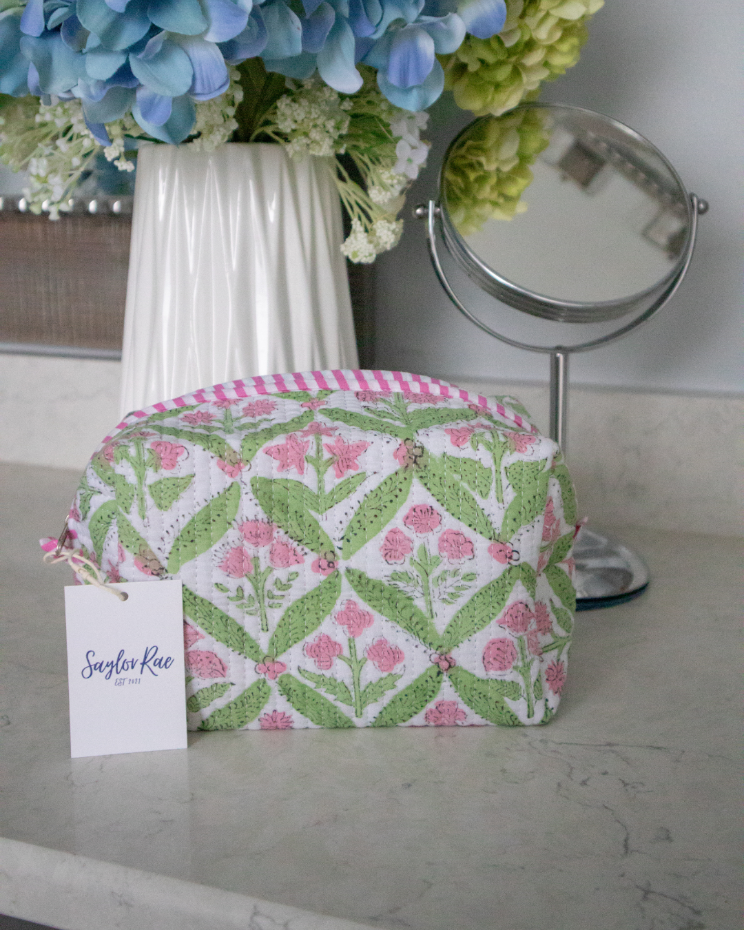 Quilted Saylor Rae Makeup Bag - Pink & Green Blockprint