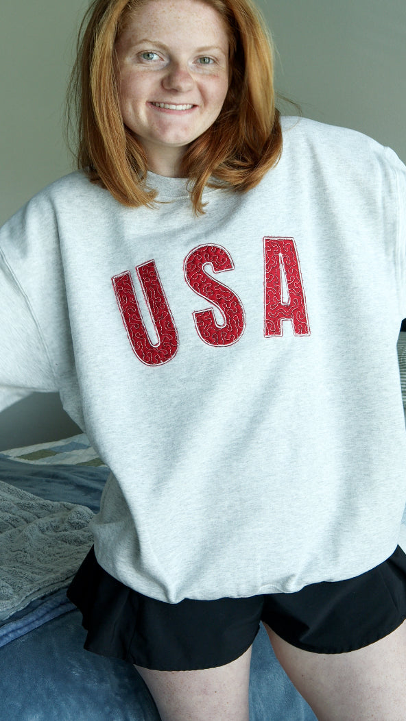 USA Quilted Patchwork Red Fabric Crewneck