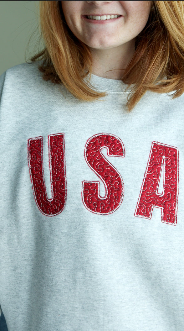 USA Quilted Patchwork Red Fabric Crewneck