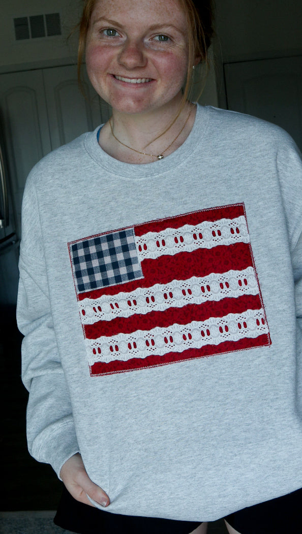 American Flag Hand Sewn Gray Crewneck