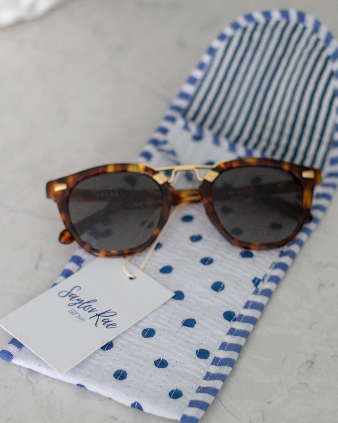 Quilted Saylor Rae Sunglass Cases - Blue & White Polka