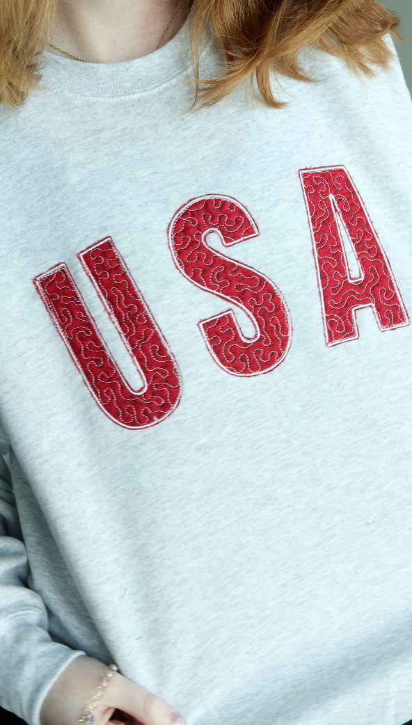 USA Quilted Patchwork Red Fabric Crewneck