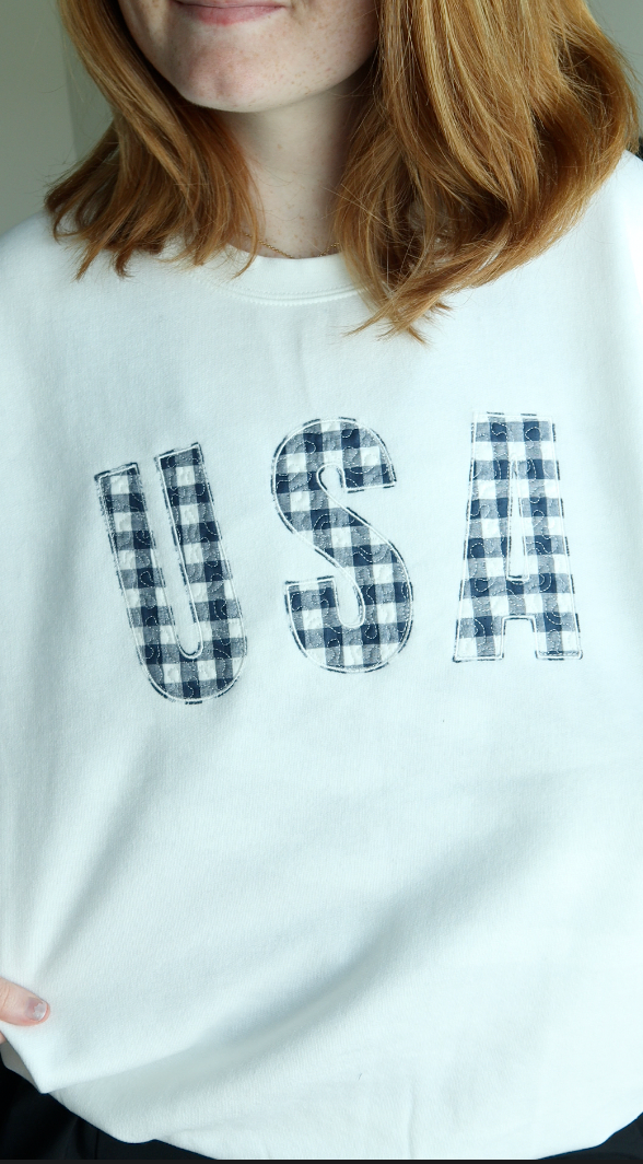 USA Quilted Patchwork Navy and White Gingham Fabric Crewneck