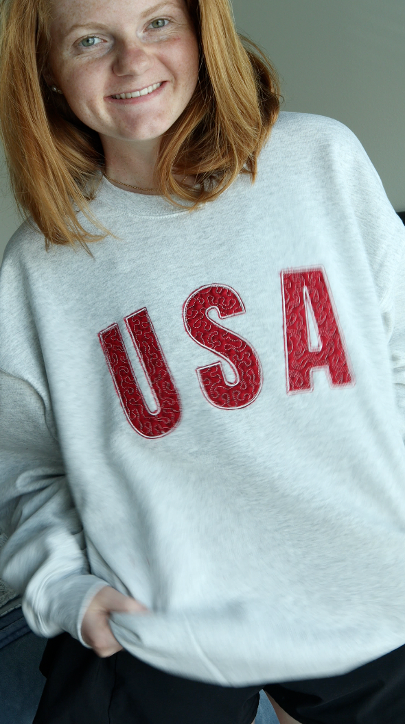 USA Quilted Patchwork Red Fabric Crewneck