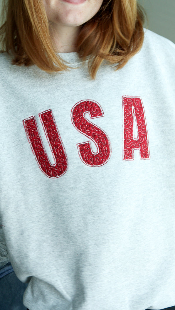 USA Quilted Patchwork Red Fabric Crewneck